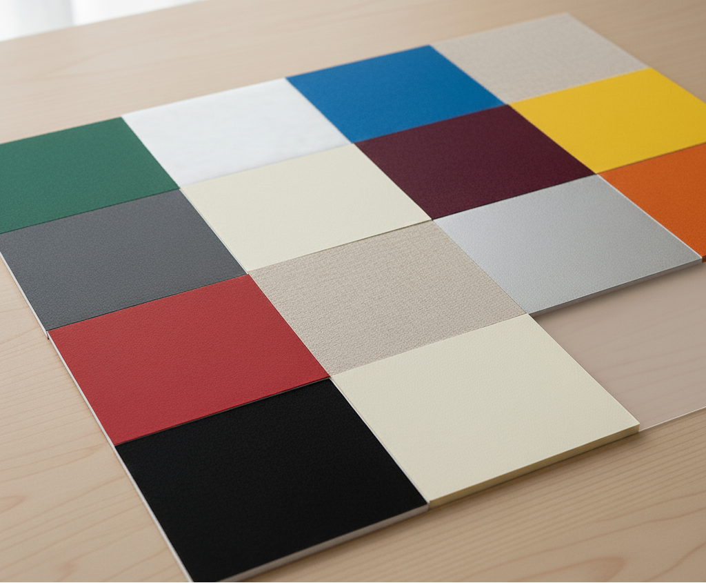 Color swatch book with square paper tiles on a wooden surface