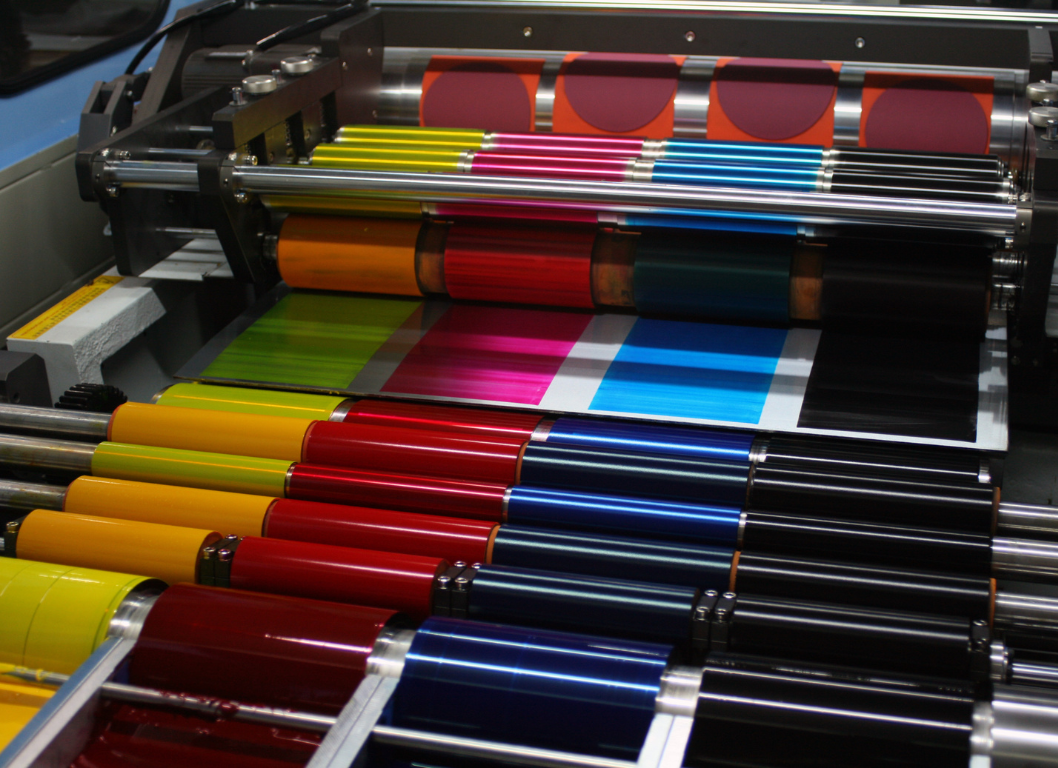 Ink swatches on a printing press, showing a variety of color outputs