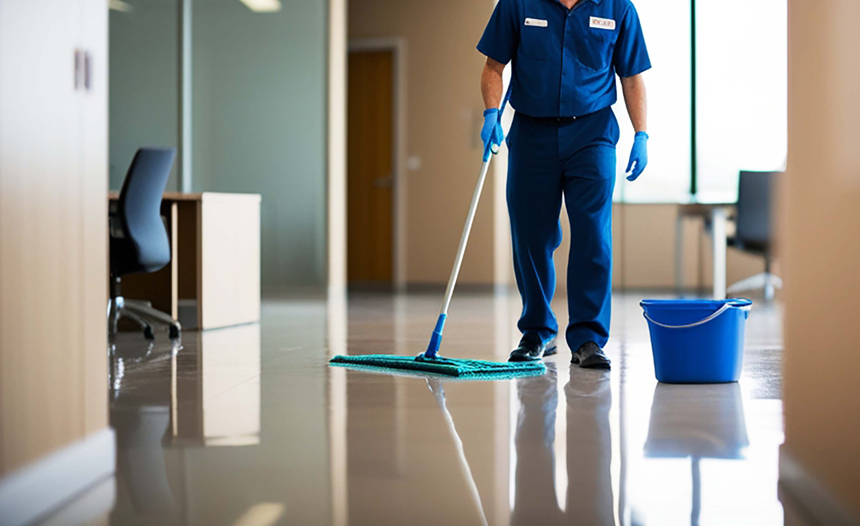 Person cleaning a floor with a mop and bucket in an office setting