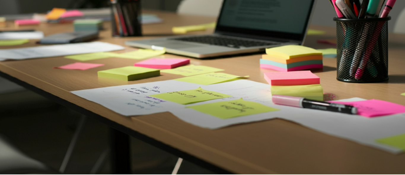 Desk with laptop, sticky notes, and writing supplies in a workspace setting
