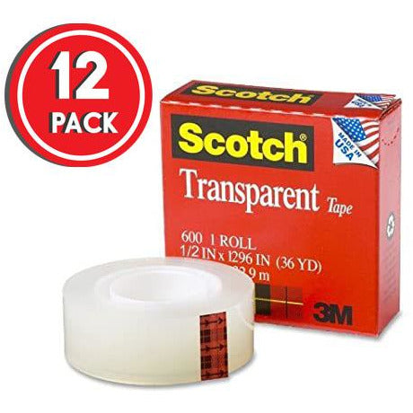 600 Transparent Tape, 1/2" x 36 yd (Pack of 12)